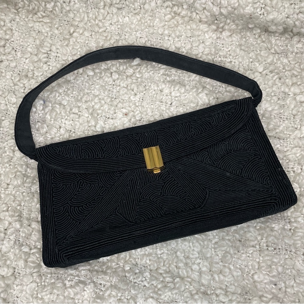 Vintage Black Textured Classic Shoulder Bag Purse